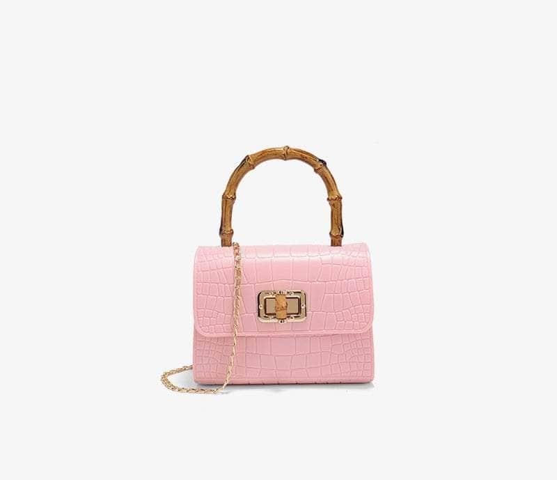 Wooden Handle Crocodile Mini Shoulder Bag Pink