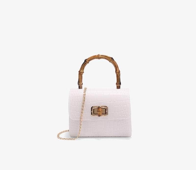 Wooden Handle Crocodile Mini Shoulder Bag White