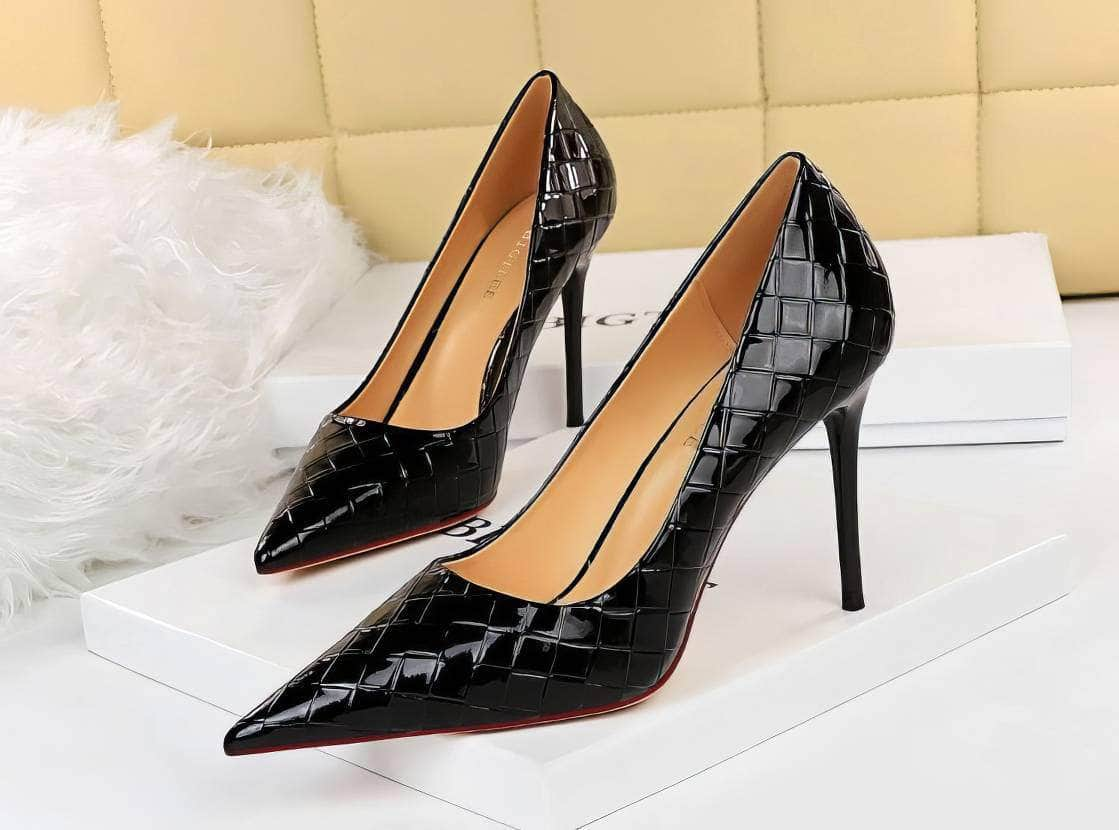 Woven Detail Glossy Stiletto High Heels EU 33 / Black / 9.5CM