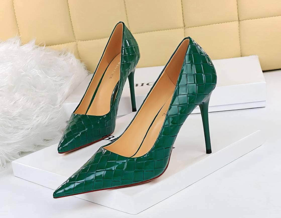 Woven Detail Glossy Stiletto High Heels EU 33 / Green / 9.5CM