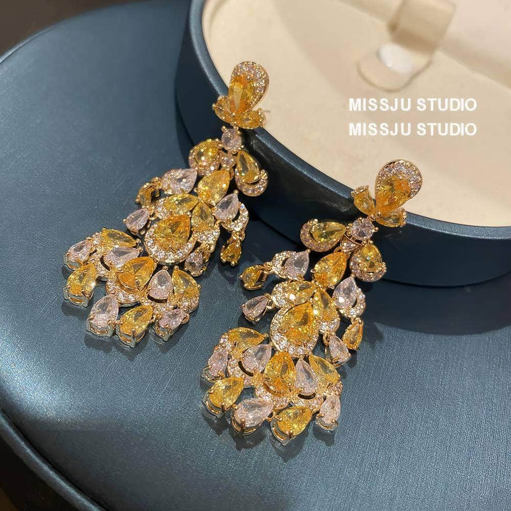 Yellow Crystals Statement Chandelier Gold Earrings Yellow