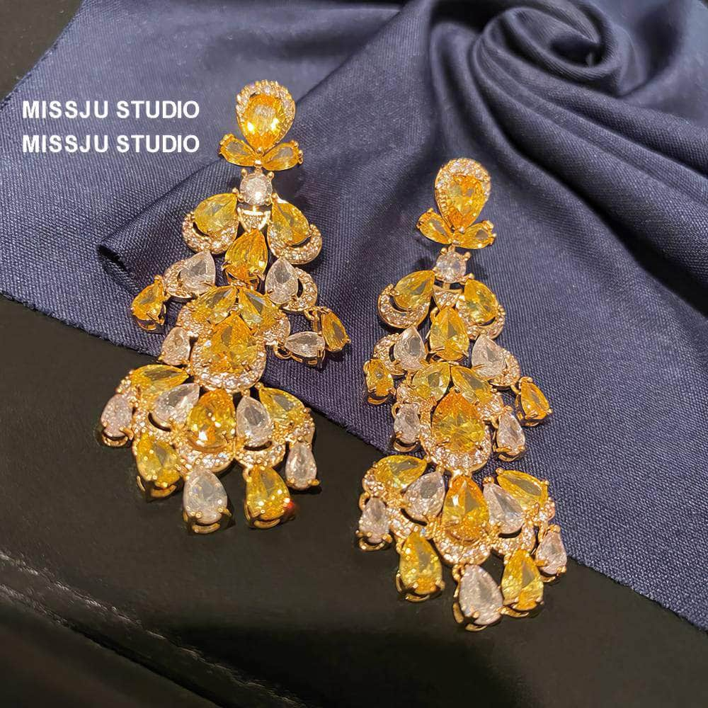 Yellow Crystals Statement Chandelier Gold Earrings Yellow