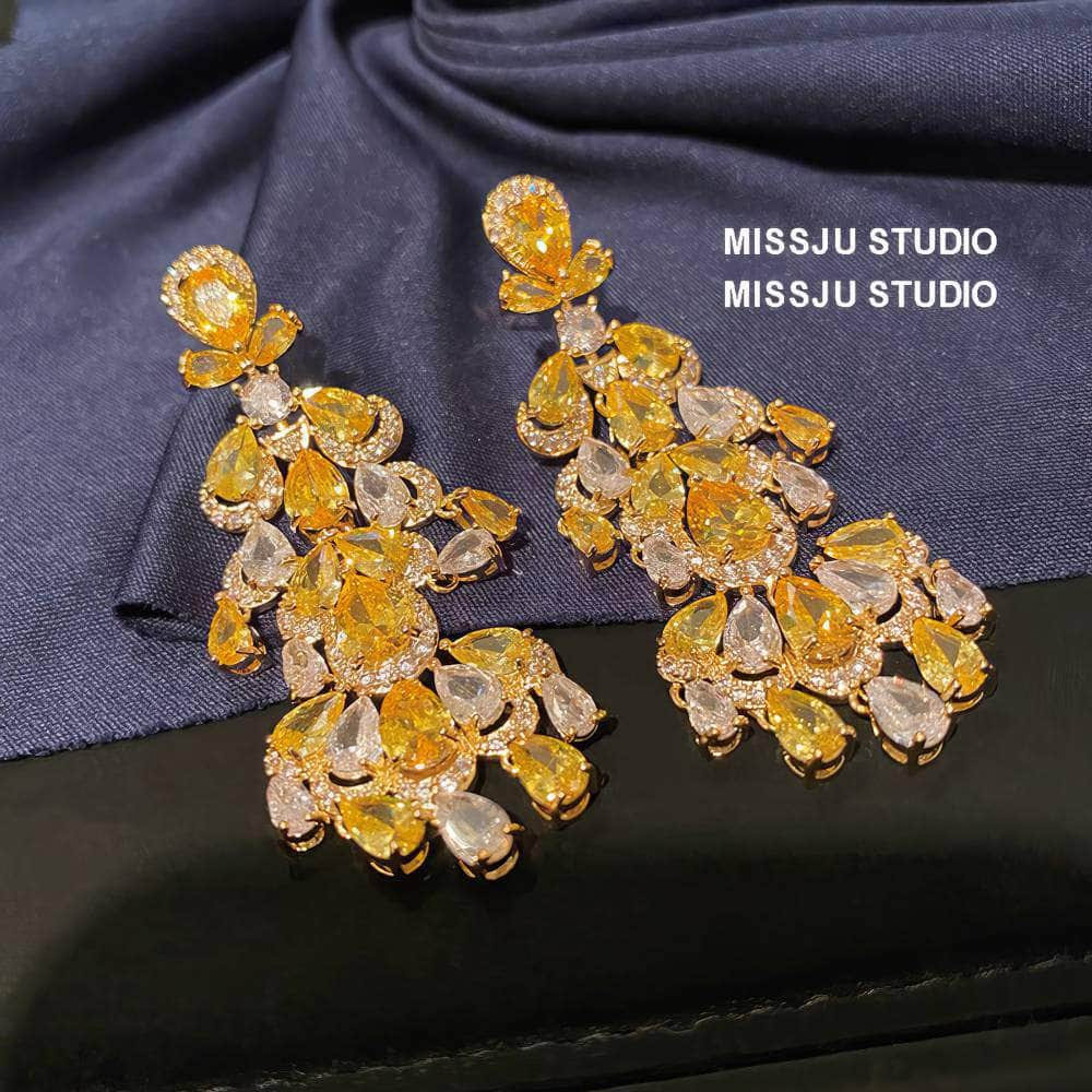 Yellow Crystals Statement Chandelier Gold Earrings Yellow