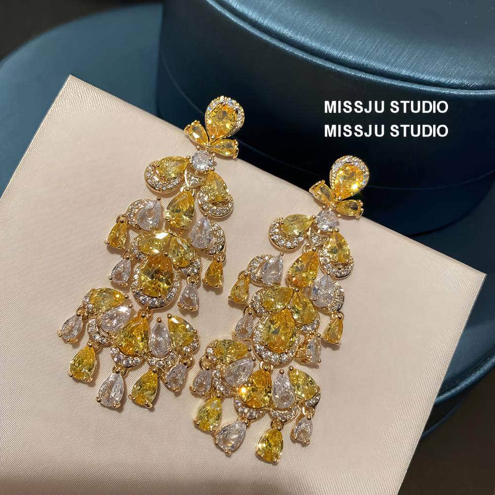 Yellow Crystals Statement Chandelier Gold Earrings Yellow