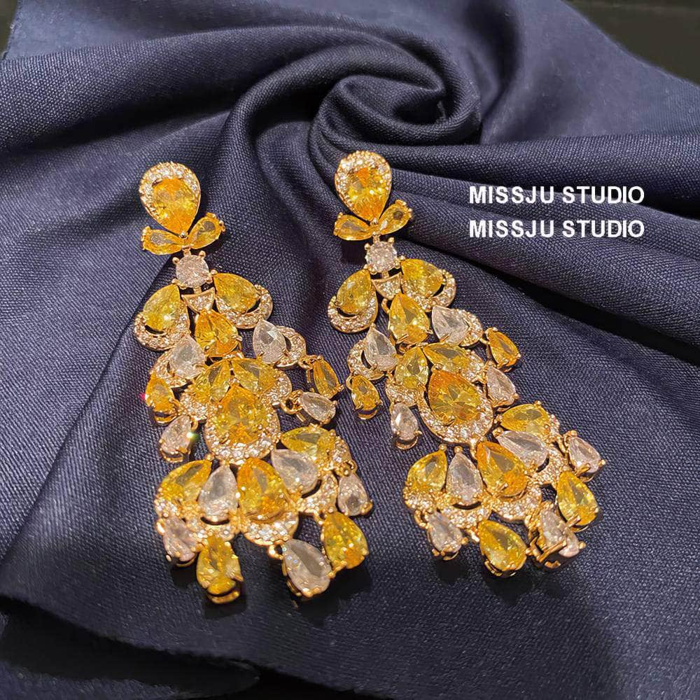 Yellow Crystals Statement Chandelier Gold Earrings Yellow