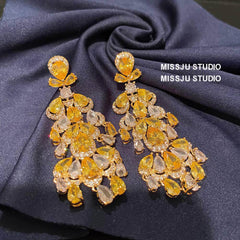 Yellow Crystals Statement Chandelier Gold Earrings Yellow