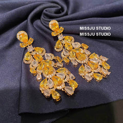 Yellow Crystals Statement Chandelier Gold Earrings Yellow