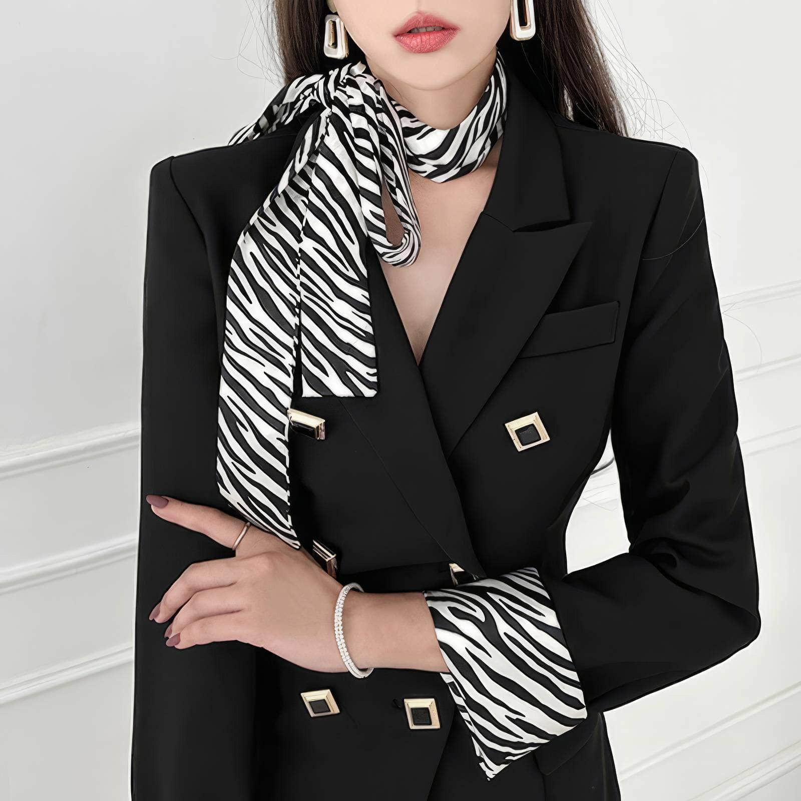 Zebra Pattern Scarf Detailed Double-Breasted Dress