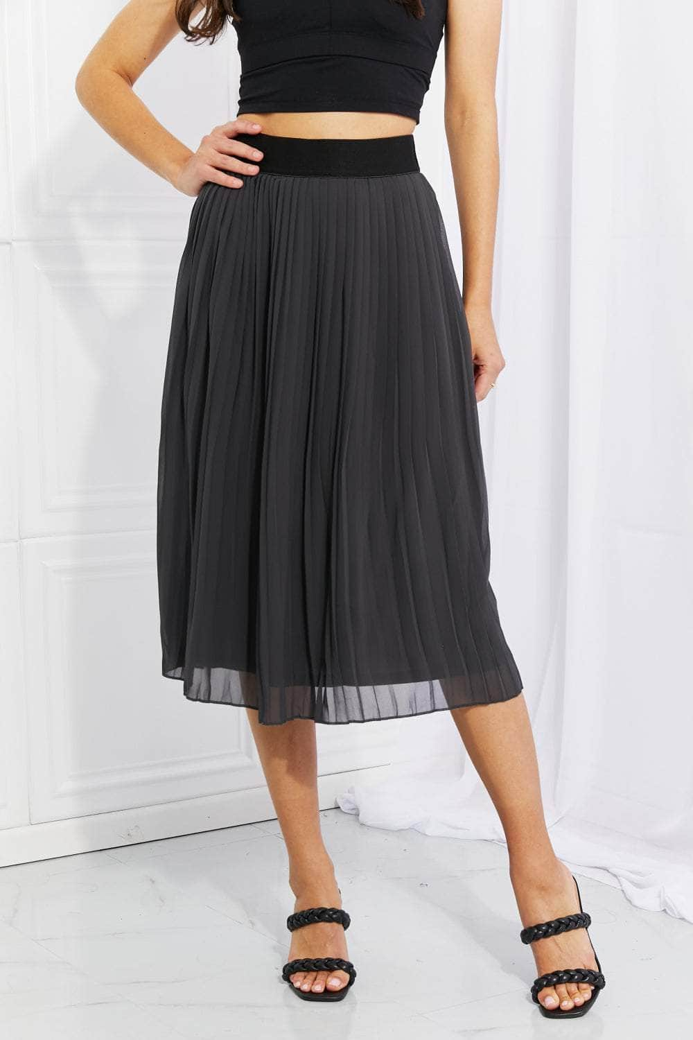 Zenana Full Size Romantic At Heart Pleated Chiffon Midi Skirt Dark Gray / S