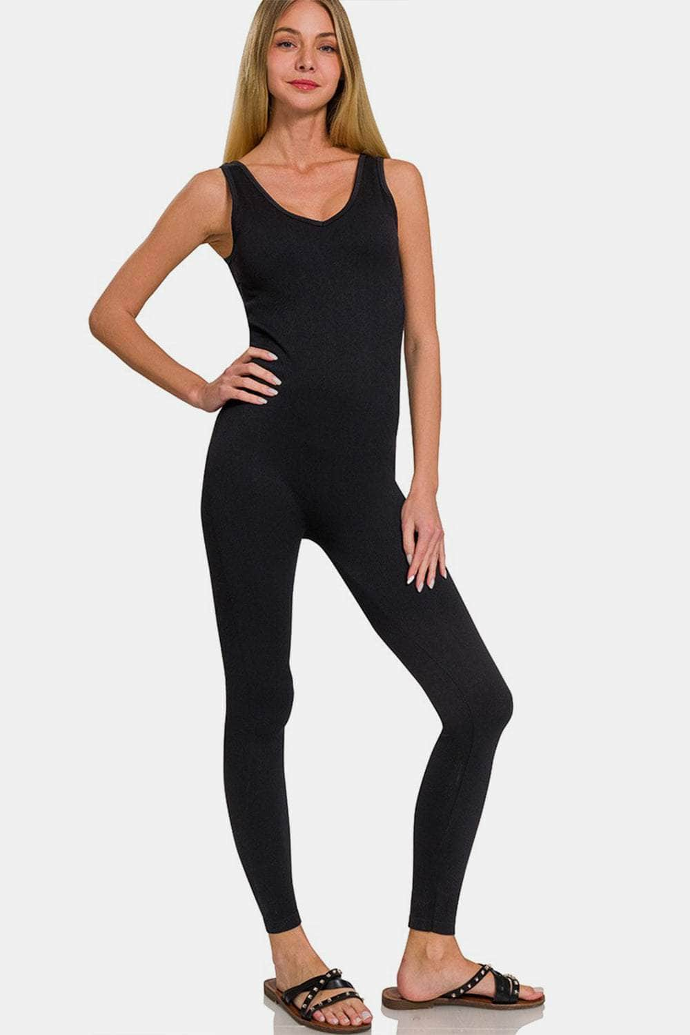 Zenana Ribbed Bra Padded Sports Seamless Jumpsuit Black / S/M