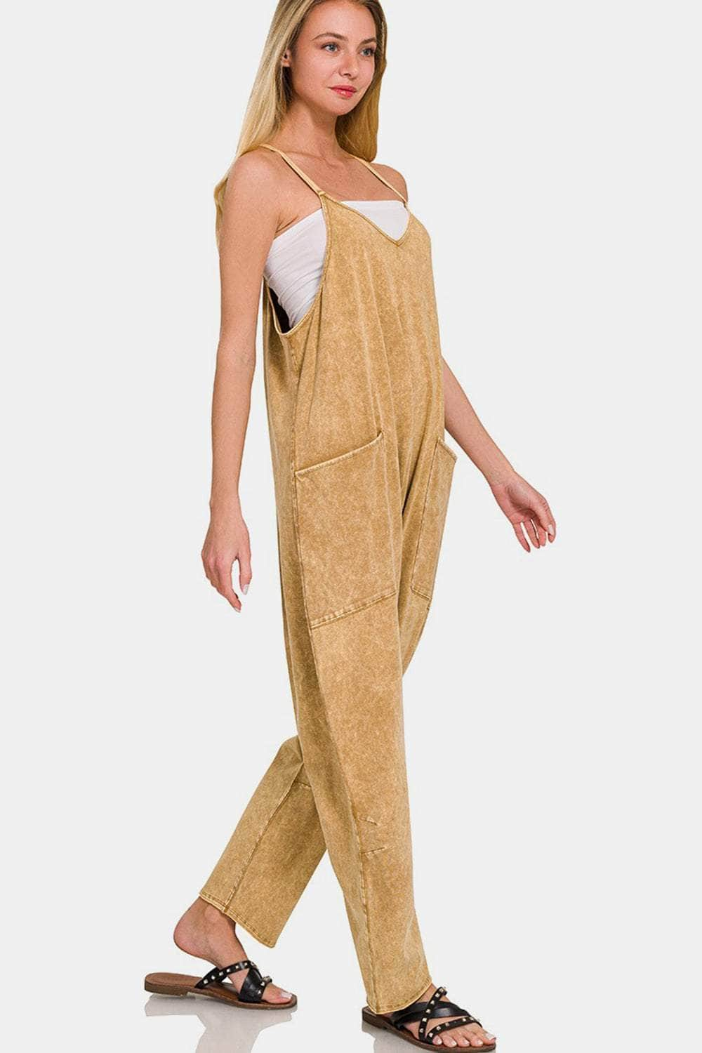 Zenana Spaghetti Strap Jumpsuit with Pockets Camel / S/M