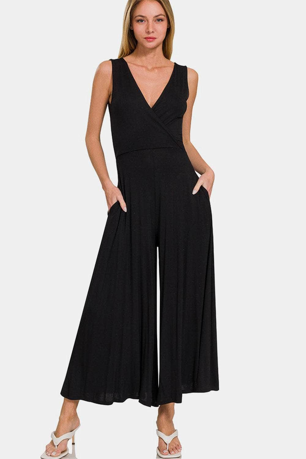 Zenana Surplice Neckline Sleeveless Jumpsuit BLACK / S