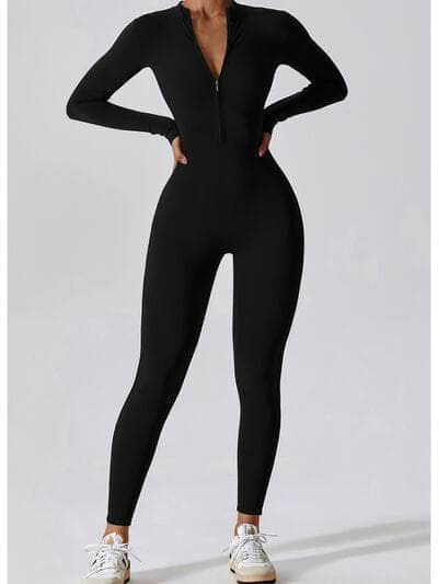 Zip Up Mock Neck Long Sleeve Jumpsuit Black / S