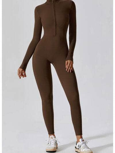 Zip Up Mock Neck Long Sleeve Jumpsuit Burnt  Umber / S