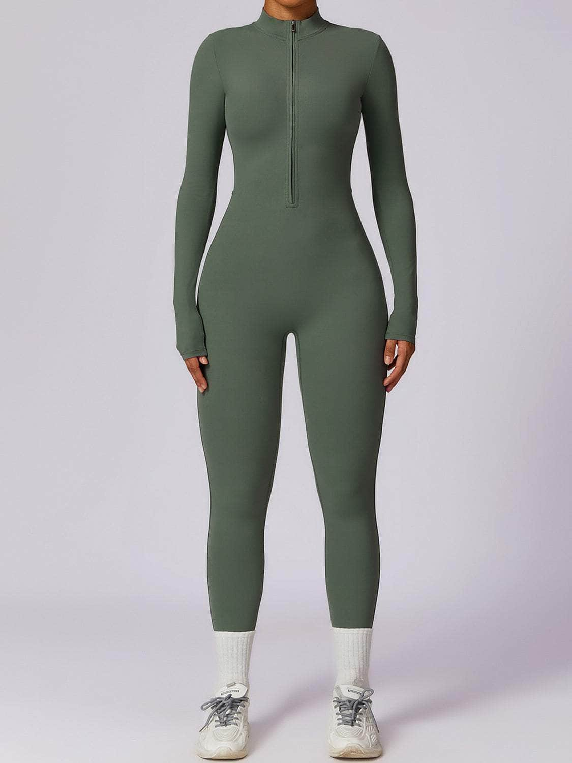 Zip Up Mock Neck Long Sleeve Jumpsuit Matcha Green / M