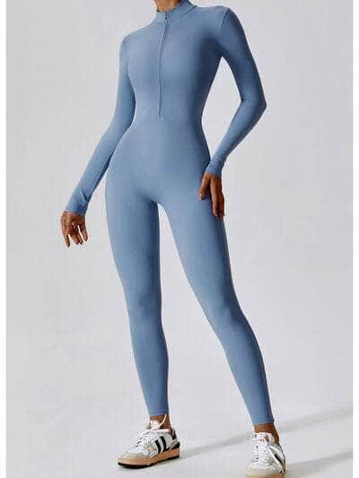 Zip Up Mock Neck Long Sleeve Jumpsuit Misty  Blue / S