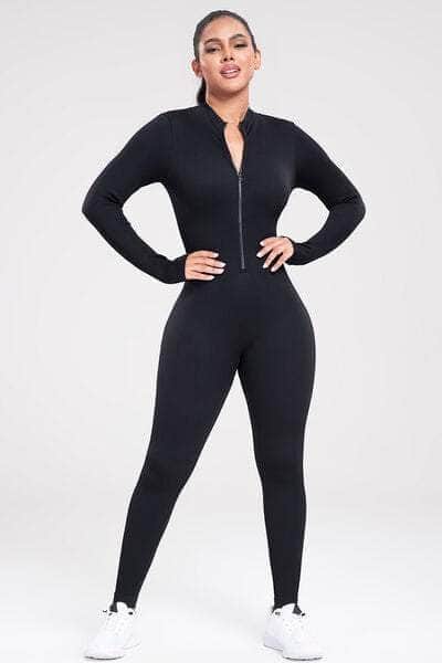 Zip Up Ribbed Long Sleeve Skinny Active Jumpsuit Black / S