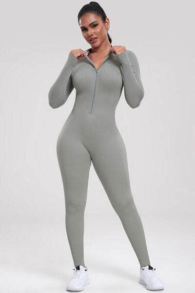 Zip Up Ribbed Long Sleeve Skinny Active Jumpsuit Light Gray / S