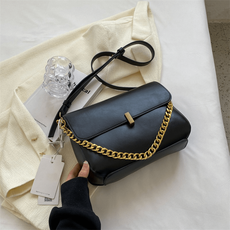 Faux Leather Shoulder Bag with Chain Detail Flap Black